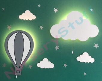 Set of 2, Cloud & Hot Air Balloon Wall Light, Kids Room Decor, Baby Nightlight, Nursery Lighting, Child Lamp, Baby Shower Gift