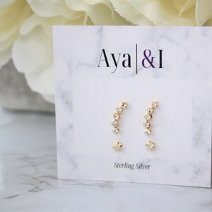 Gold Gem Climber. Double Gold plated Sterling Silver cubic zirconia gem set ear climber and stud.