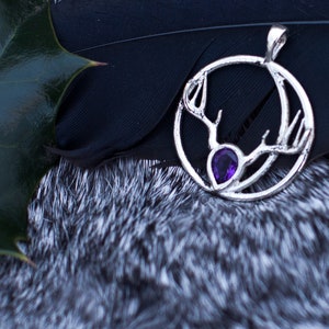 Antler Crescent Moon Pendant, Faceted Pear-cut Genuine Gemstone, Bezel Set, Artemis, Diana, Herne, Cernunnos, Pagan, Wicca,Druid,Deer, Horns