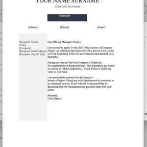 May include: A black and white cover letter template with the text "YOUR NAME SURNAME" and "ASSISTANT MANAGER" at the top. The text "CONTACT" is in a grey box. The cover letter is a sample for a job application.