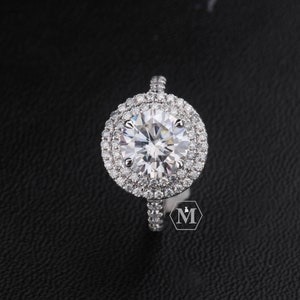 2.1 Carat Round Cut Moissanite Halo Floral Style Ring / Colorless Moissanite Engagement Ring / White Gold Round Ring For Anniversary Gifts