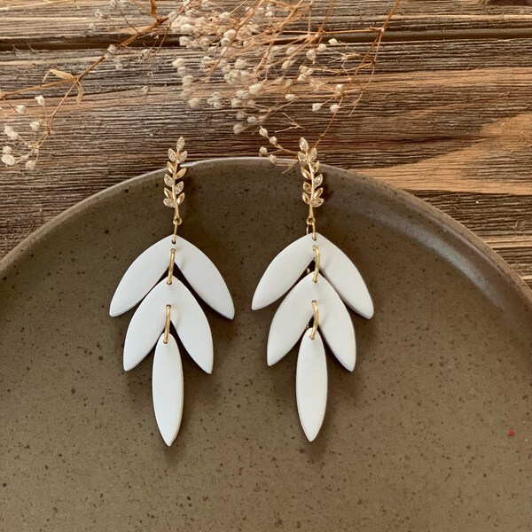 Bridal Bohemian Floral Dange Handmade Polymer Clay Earrings, Statement Earring, Gold Plated,  Leaf Stud, Boho Bridal Earrings, Boho