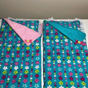 Teal Flowered  Sleeping Bag and Pillow for Doll 18&quot; and Smaller;  American Girl; Journey Girl Doll; Custom Sizes Available