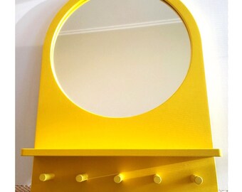 IKEA Wall Mirror And Shelf - Discontinued Yellow Wood Wall Decor With Key Holders - 70cm