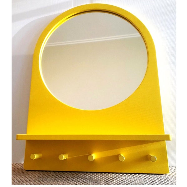 IKEA Wall Mirror And Shelf - Discontinued Yellow Wood Wall Decor With Key Holders - 70cm