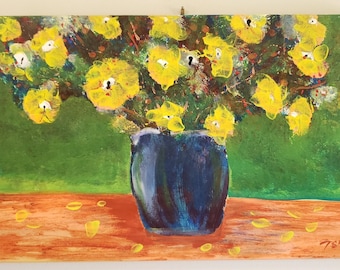 Yellow Flowers In Vase Oil Painting By T. Short - Contemporary Still Life