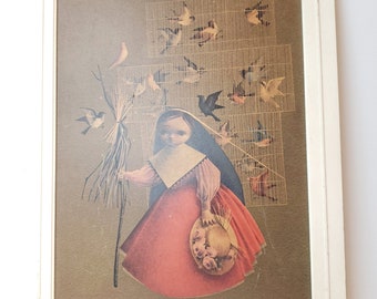 Rare 1960s Lithograph "The Girl Bird Vendor" Contemporary Mexican Wall Art - 37/46cm