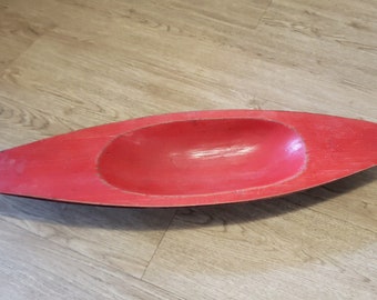 Large Carved Wooden Display Bowl - Rustic Red - Canoe Shape Fruit Dish - Table Decor 68cm