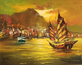 Vintage Nautical Oil Painting Yellow Junk Ship Boat Artwork - 65cm