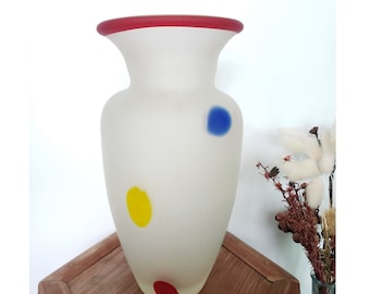 Vintage Colouful Polkadot Frosted Glass Vase - 1990s - Retro Table Decor - 23cm