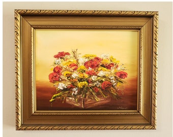 Vintage Small Floral Oil Painting: Red Yellow Flowers Still Life By Riddell"