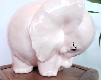 Vintage Pink Elephant Statue - 1980s Retro Ceramic Cottage Kitsch Decor Figure