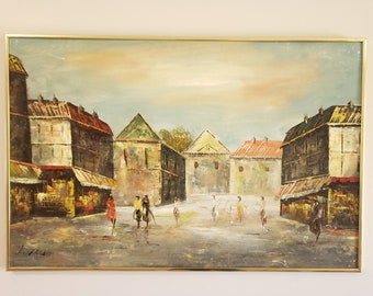 Vintage Europe Cityscape Painting In Gold Frame: Original Wall Decor