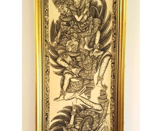 Vintage Indonesia Batik Painting - Tall Black White Traditional Artwork On Fabric - Highly Detailed In Gold Frame