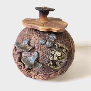 May include: A round brown ceramic jar with a textured surface featuring a sculpted frog, blue lily pads, and small circular accents. The lid is shaped like a large brown lily pad with a central stem handle, adding a detailed element to the piece.