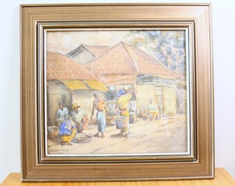 Indonesian Village Watercolor by Soewardja - Vintage Framed Art - Tropenmuseum