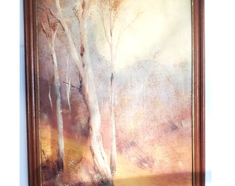 Vintage Original Oil Painting - Realism Style Orange Country Framed Landscape Artwork - 73/55cm