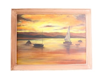 Nautical Seascape Oil Painting - Vintage Sunset Ocean Artwork 'The Quiet Hour' - 60cm