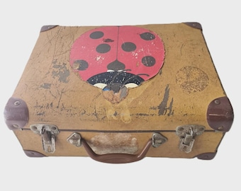 Vintage Duro Brisbane Small Tan Suitcase Travel Prop Ladybug Sticker Retro Luggage