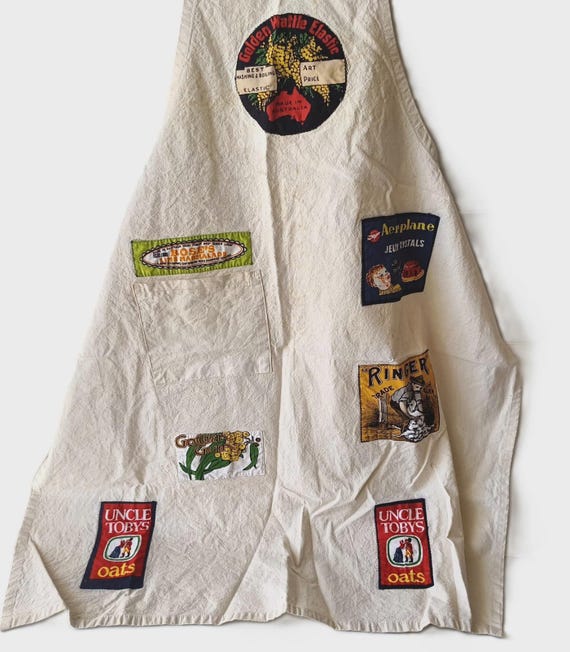 Vintage Handmade Australiana Apron 7 Brand Patches Uncle Tobys Aeroplane Jelly Kitsch