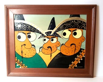 Colorful Mexican Cartoon Painting - Acrylic Art - 1980s - Signed Bongiorno