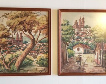 Stunning Pair of Original Europe Cityscape Watercolours - Vintage Art Prints In Frame