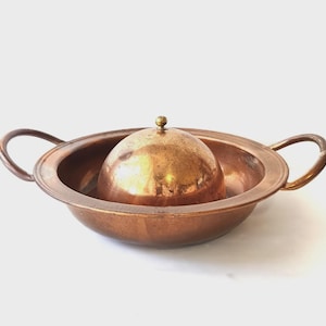 Vintage Copper Serving Dish Domed Lid Brass Knob Two Handles 27cm Indian Decor