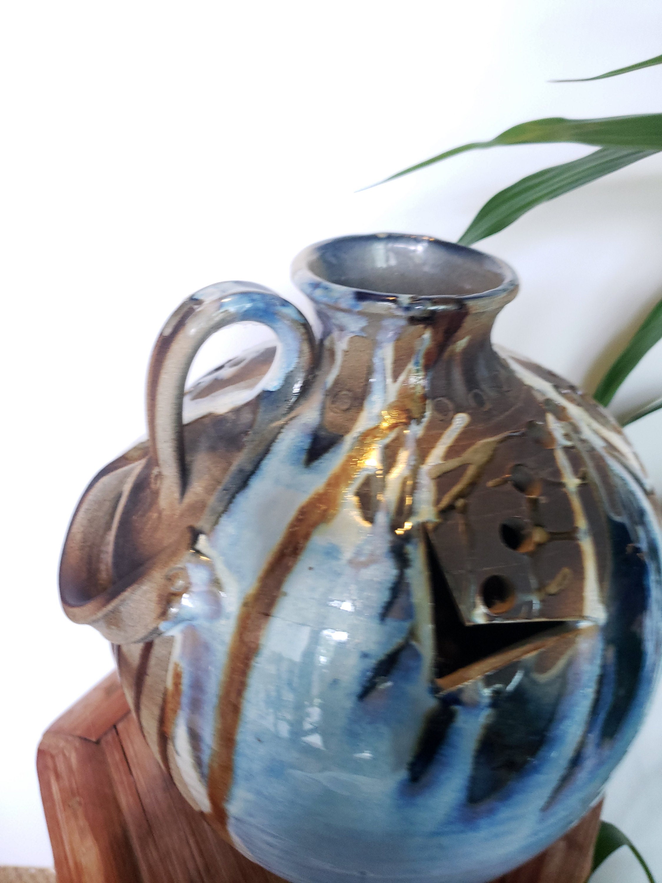 Vintage Australian Drip Glaze Art Pottery Vase Rustic Blue Brown Decor ...