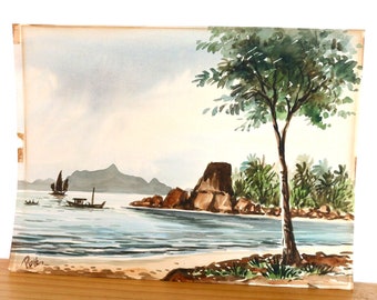 Original Seascape Watercolour - Vintage Painting On Paper- Asian Seascape Art by Poh - 1960s