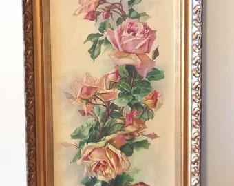 Large Antique Flower Oil Painting 1917 in Gold Gilded Wood Frame