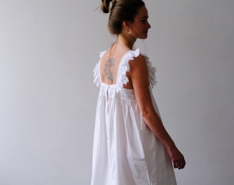 White cotton Frilly Lace Shoulder Dress MARIKA