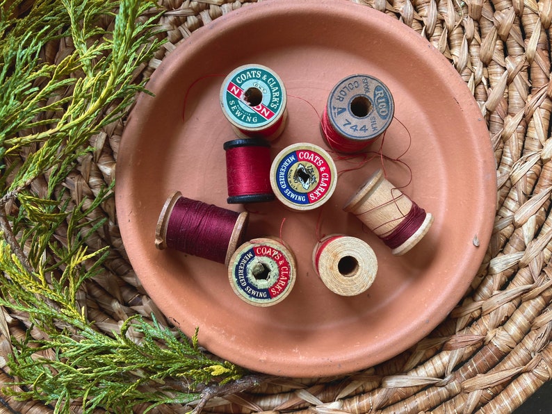 8 Vintage Thread Spools seven are Wooden with Original String Advertising Quilting Crafting Cotton and Silk Lot 74Red USA