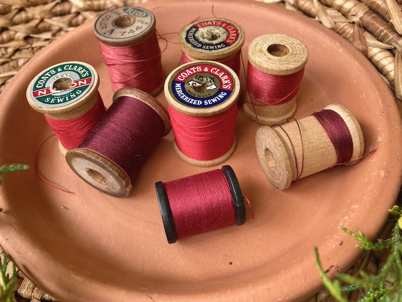 8 Vintage Thread Spools seven are Wooden with Original String Advertising Quilting Crafting Cotton and Silk Lot 74Red USA