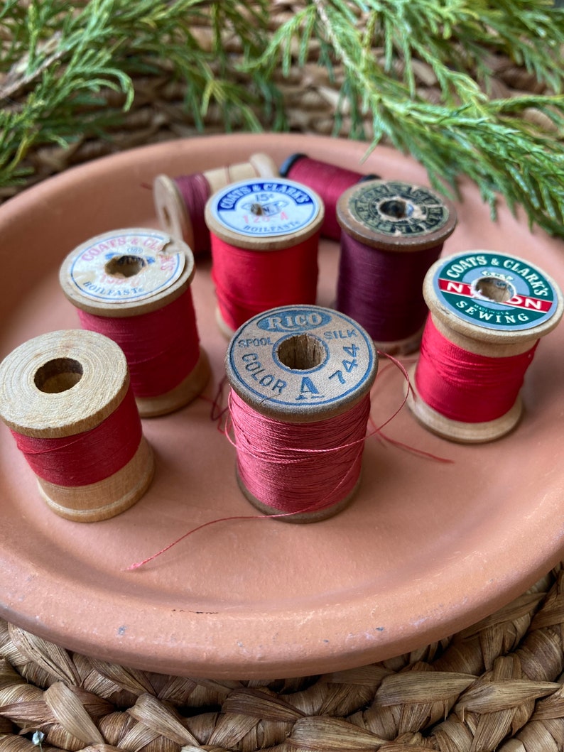 8 Vintage Thread Spools seven are Wooden with Original String Advertising Quilting Crafting Cotton and Silk Lot 74Red USA