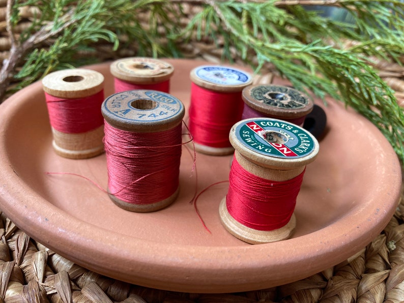 8 Vintage Thread Spools seven are Wooden with Original String Advertising Quilting Crafting Cotton and Silk Lot 74Red USA