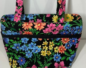 Quilted Multicolored Floral Small Shoulder Bag Tote Bag Lunch Snack Work Bag Everyday Travel Vacation Flower Tropical Summer Bag Womens Gift