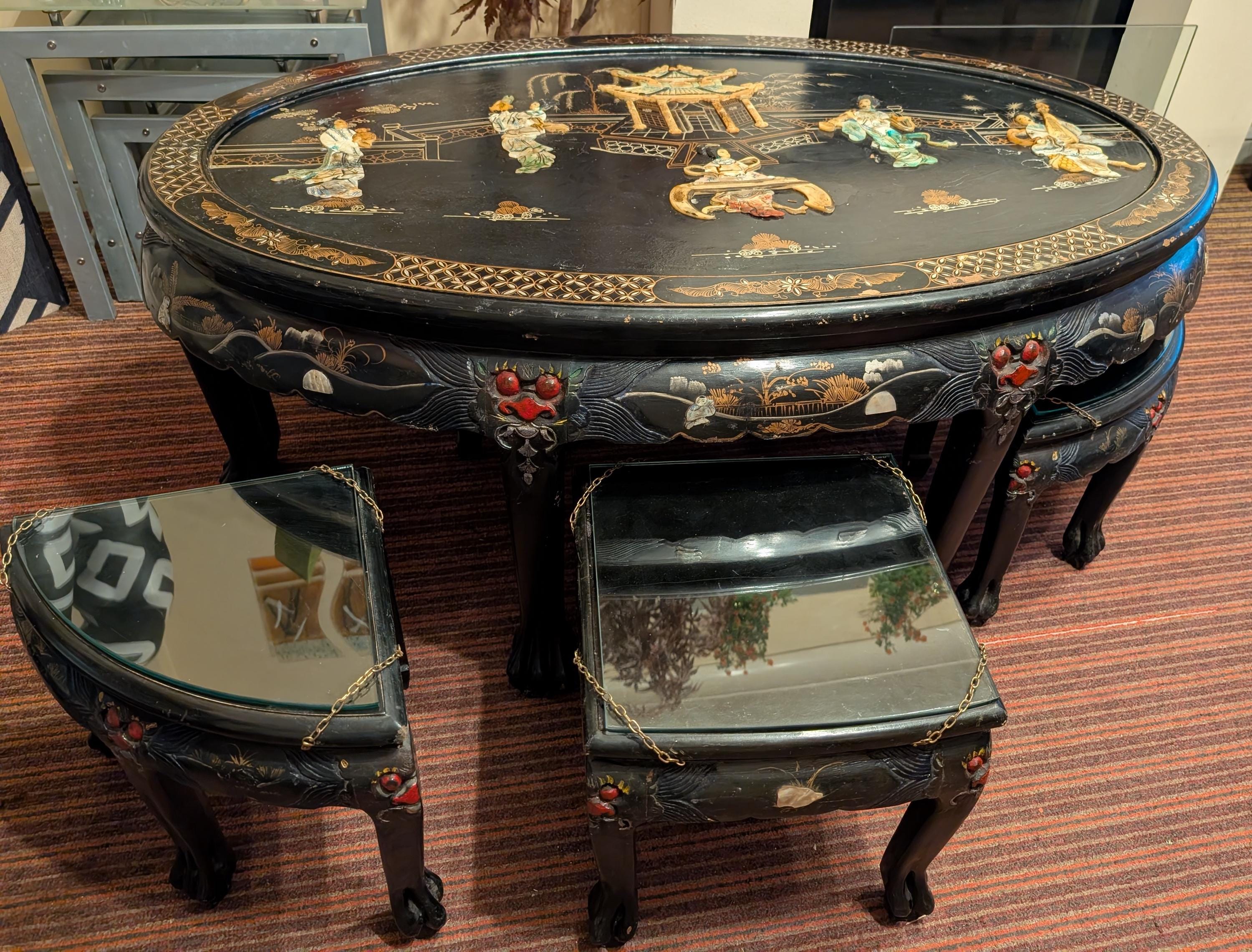 Vintage Carved Lacquered Chinese Coffee Table With Six Nesting