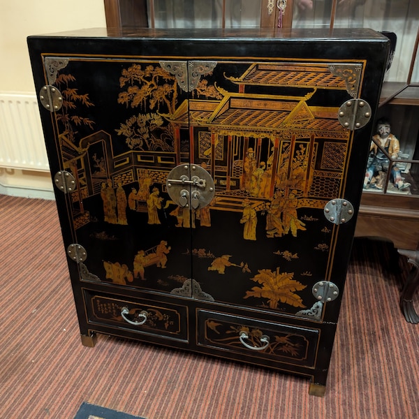 Chinese Matte Black Lacquered 2 Door 2 Drawers Cupboard