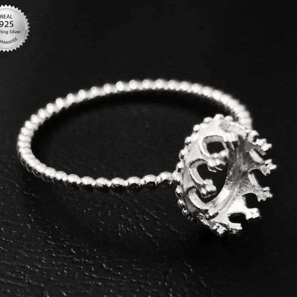 925 Sterling Silver Oval Shape Crown Bezel Ring Blank Bezel Setting, Blank Ring Base, Back Side Open, With Bead Band, Crown Bezel Blank