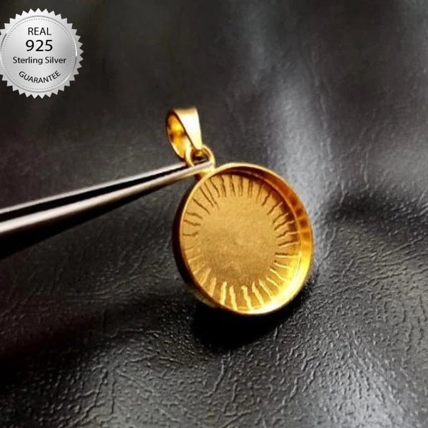 Yellow Gold Plated Over 925 Sterling Silver Round Shape Handcrafted Pendant Bezel Setting,Blank Round Shape Pendant Setting, Bezel For Resin