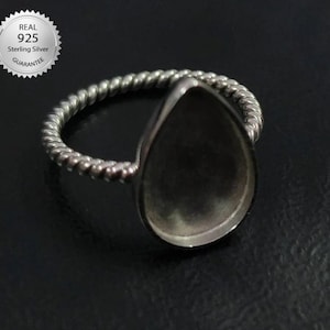 925 Sterling Silver Handmade Bezel Ring Setting, For Pear Shape Gemstone, Rope Wire Band Shank, Blank Ring Setting, Bezel Ring Setting Cup