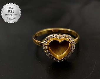 Gold Plated Over 925 Sterling Silver Ring Bezel For Heart Shape Gemstone With Small CZ, Ring Setting, Heart Shape Bezel Cup, Bezel For Resin