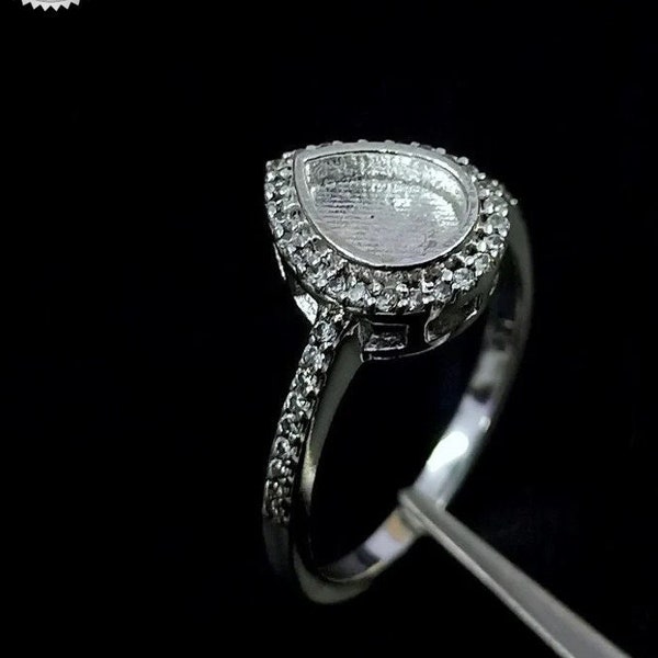 925 Sterling Silver Handmade Bezel Ring Setting, For Pear Shape 8x6MM Gemstone With CZ Crystals, Blank Ring Setting, Bezel Ring Setting Cup