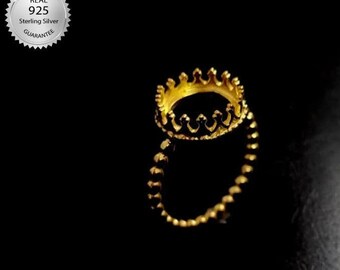 Yellow Gold Plated Ring Crown Bezel Over 925 Sterling Silver For Round Shape Gemstone, Ring Bezel Setting, Round Ring Setting Cup