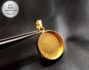 Yellow Gold Plated Over 925 Sterling Silver Round Shape Handcrafted Pendant Bezel Setting,Blank Round Shape Pendant Setting, Bezel For Resin