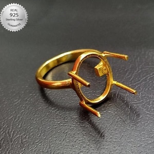 Gold Plated Over 925 Sterling Silver Oval Shape Prong Bezel Ring Blank Bezel Setting, Blank Ring Base, Back Side Open