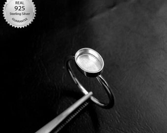 925 Sterling Silver Horizontal Plain Bezel Ring Setting DIY Cup, For Oval Shape Gemstone With Round Wire Band, For Resin And Keepsake Work