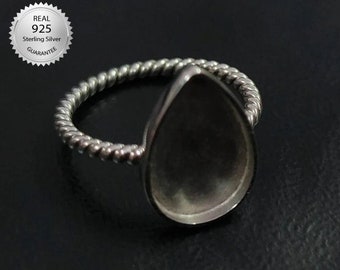 Ajuste de anillo de bisel hecho a mano de plata de ley 925, para piedra preciosa en forma de pera, vástago de banda de alambre de cuerda, ajuste de anillo en blanco, copa de ajuste de anillo de bisel