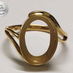 Yellow Gold Plated Over 925 Sterling Silver Oval Shape Handcrafted Bezel Ring Blank Bezel Setting, Blank Ring Base, Back Side Open,