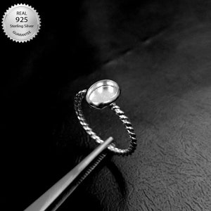 925 Sterling Silver Handmade Thick Bezel Ring Setting DIY Cup, For Oval Shape Gemstone With Rope Wire Band, For Resin And Keepsake Work